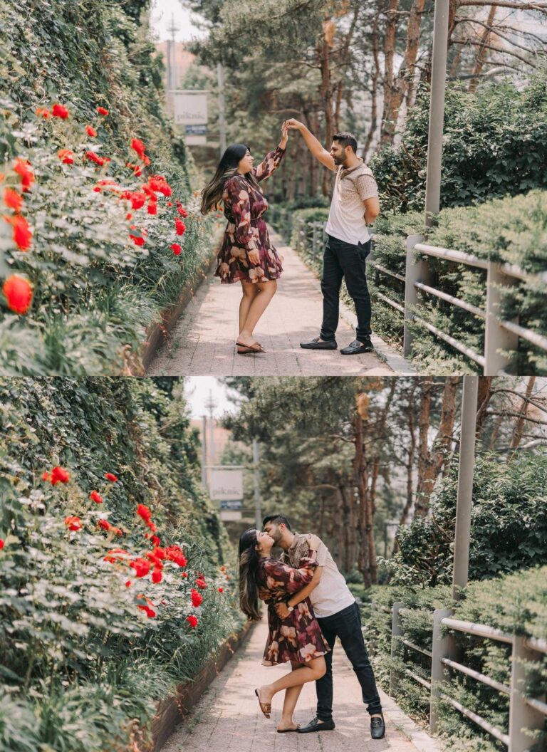 Couple enjoying a romantic garden photoshoot surrounded by flowers in Seoul