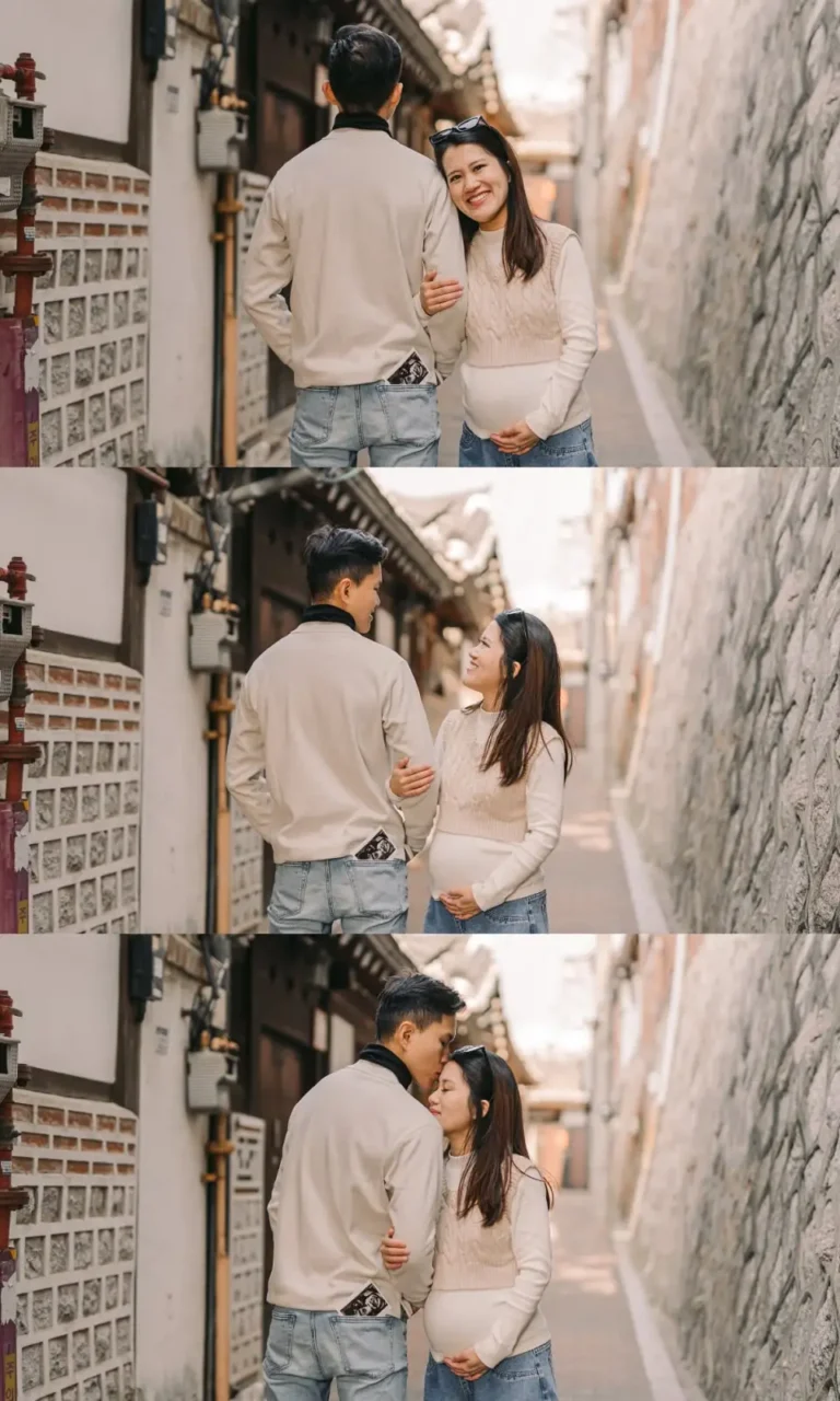 Expecting couple sharing a candid moment along a traditional Seoul street