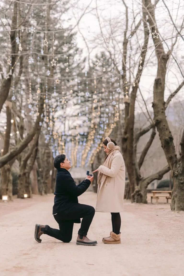 Surprise marriage proposal captured outdoors during winter in nami island