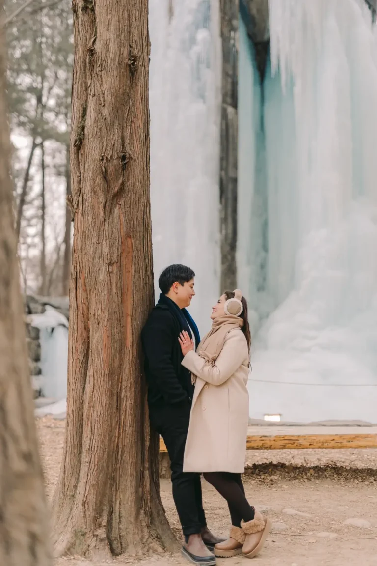 Engaged couple embracing beside a tree during their winter photoshoot in nami island