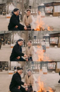 Candid couple photography during a winter campfire experience in nami island