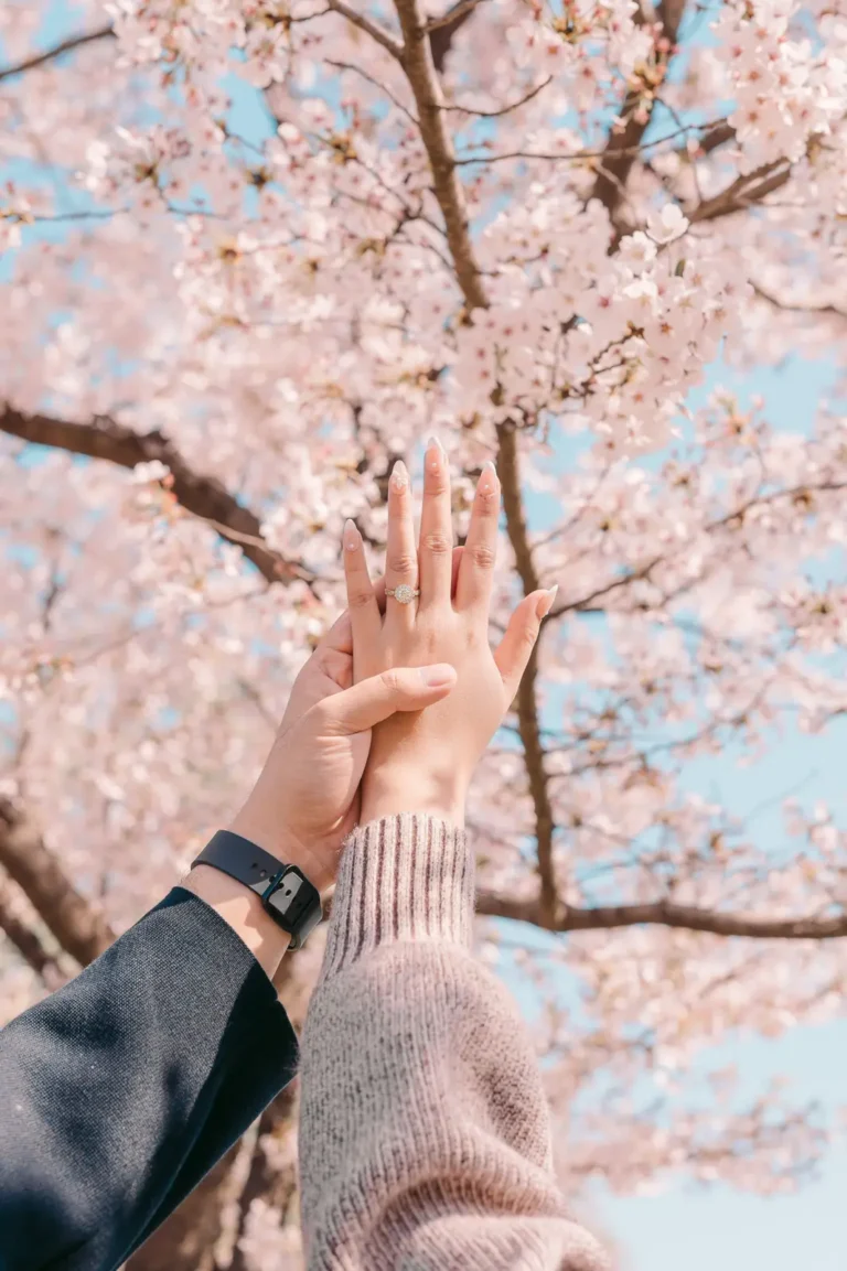 Couple showing an engagement ring beneath pink cherry blossoms in nami island