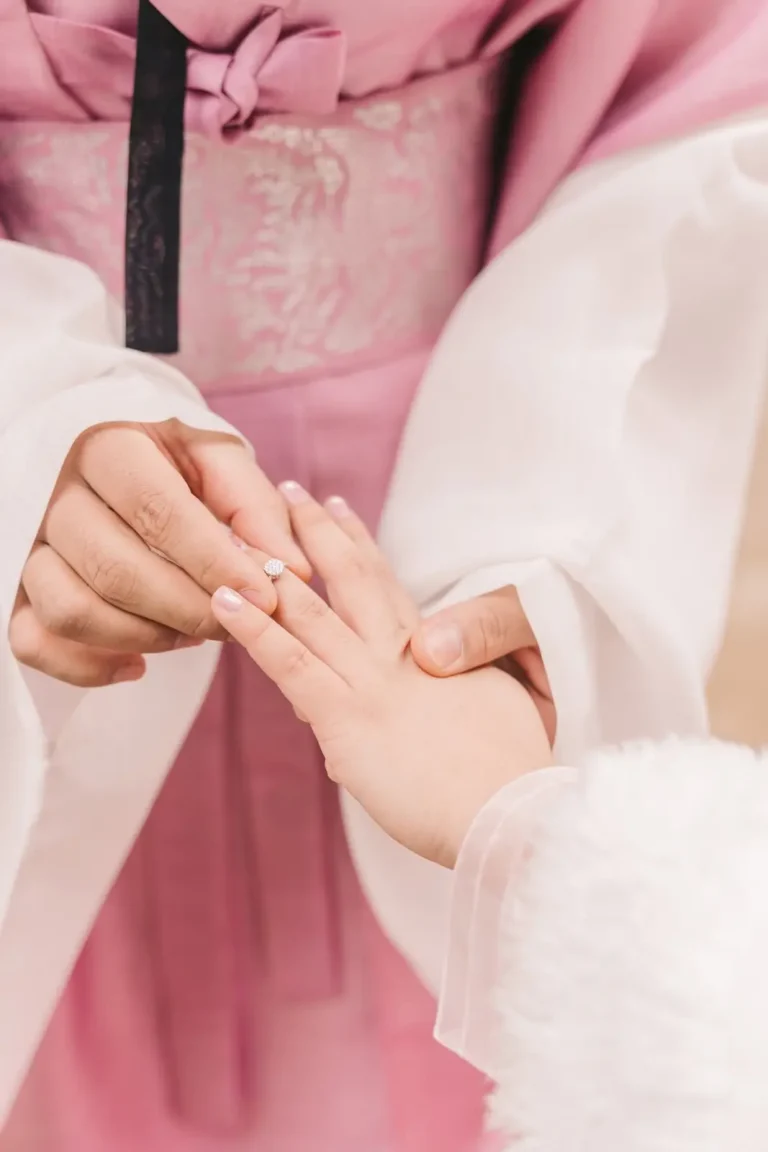 Close-up of an engagement ring during a traditional hanbok photoshoot in Seoul