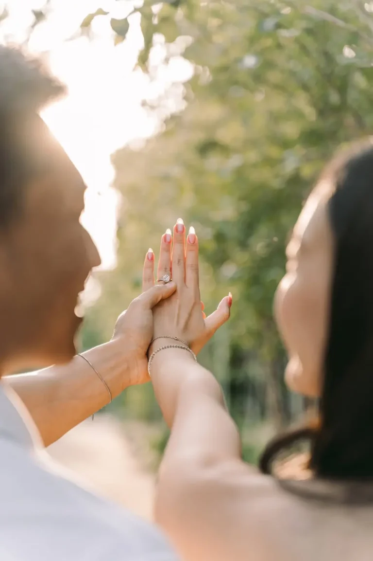 Newly engaged woman showing her ring during an outdoor proposal photoshoot in Seoul