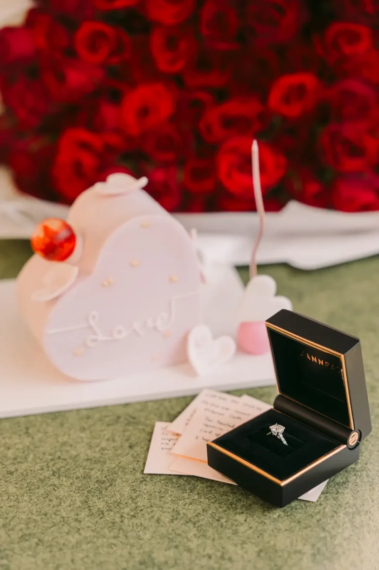 Engagement ring displayed beside romantic roses after a marriage proposal