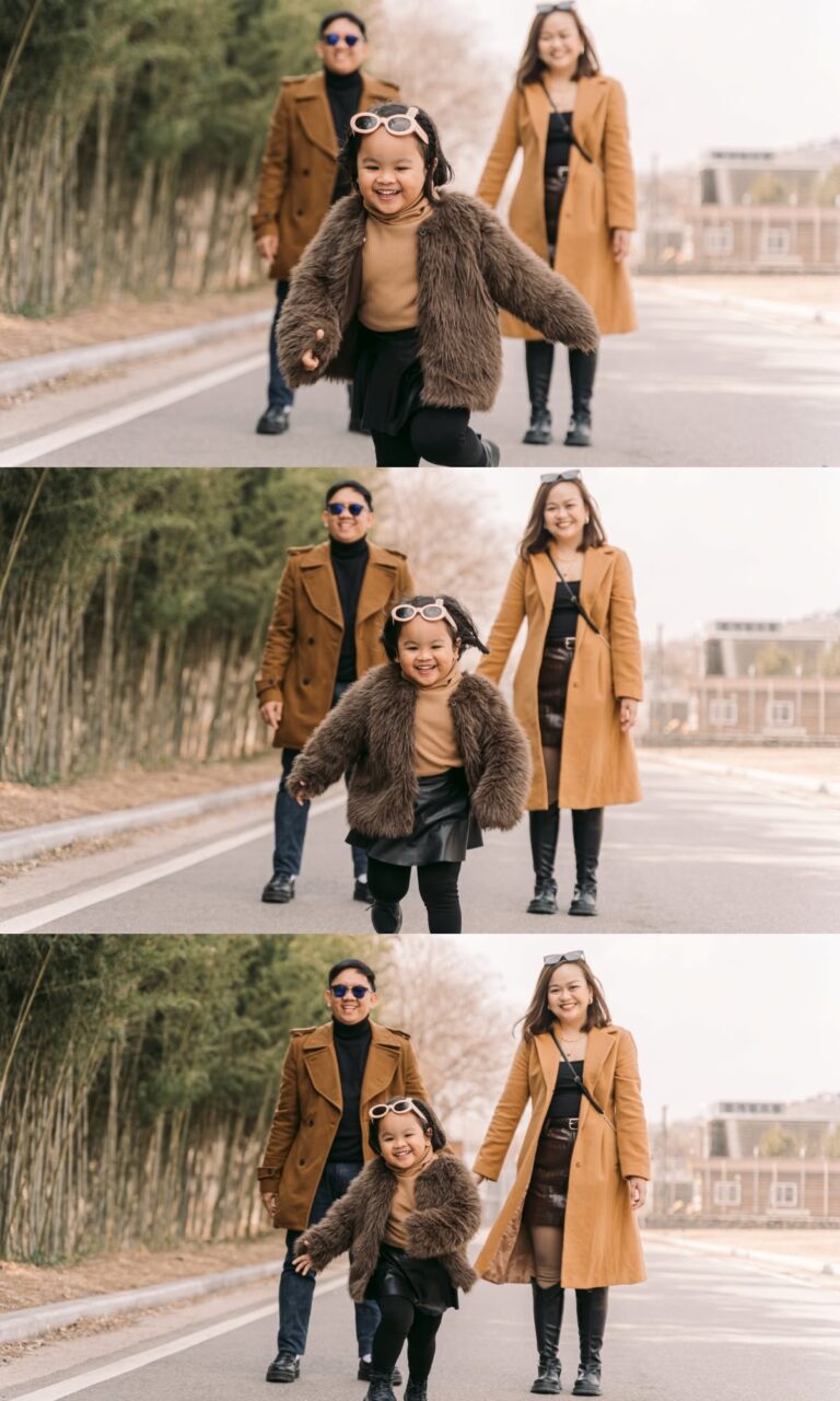 Family walking and playing together during a candid outdoor photoshoot in Seoul